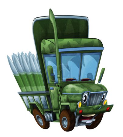Photo for Cartoon happy and funny off road military truck looking like monster truck with bullets ammo smiling vehicle isolated illustration for children artistic painting scene - Royalty Free Image
