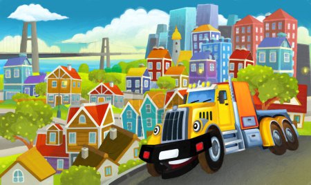 Téléchargez les photos : Dessin animé camion industriel à travers la ville illustration pour enfants peinture artistique scène - en image libre de droit