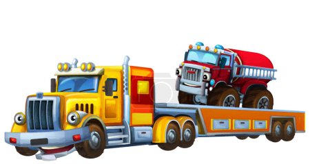 Foto de Escena de dibujos animados con camión de remolque conducción con carga otros bomberos coche bomberos aislado ilustración para niños escena de pintura artística - Imagen libre de derechos