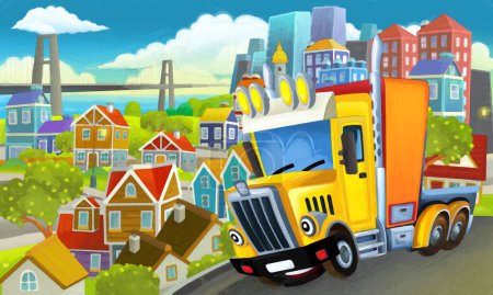Foto de Camión industrial de dibujos animados a través de la ciudad ilustración para niños escena de pintura artística - Imagen libre de derechos