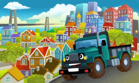 Photo for Cartoon industrial truck through the city illustration for children artistic painting scene - Royalty Free Image