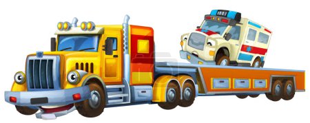 Foto de Escena de dibujos animados con remolque de conducción con ambulancia de carga coche ilustración aislada para niños escena de pintura artística - Imagen libre de derechos