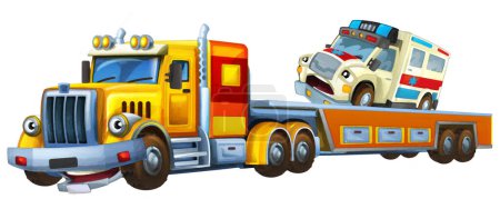Foto de Escena de dibujos animados con remolque de conducción con ambulancia de carga coche ilustración aislada para niños escena de pintura artística - Imagen libre de derechos