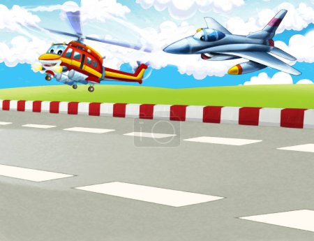 Téléchargez les photos : Dessin animé scène heureuse avec hélicoptère avion volant dans la ville illustration pour les enfants scène de peinture artistique - en image libre de droit