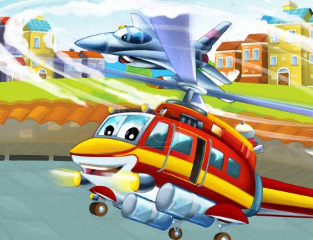 Photo for Cartoon happy scene with plane helicopter flying in the city - illustration for children artistic painting scene - Royalty Free Image