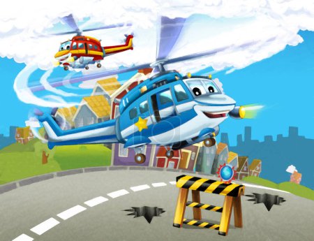 Téléchargez les photos : Dessin animé scène heureuse avec hélicoptère avion volant dans la ville illustration pour les enfants scène de peinture artistique - en image libre de droit
