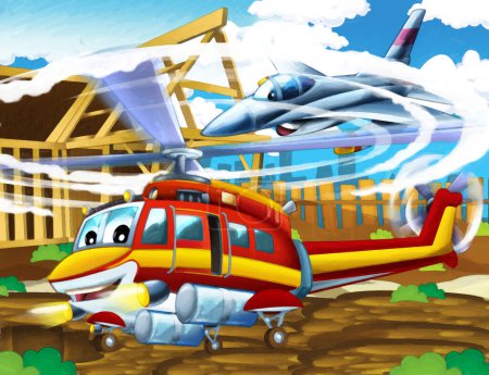 Foto de Dibujos animados escena feliz con helicóptero de avión volando en la ciudad - ilustración para los niños escena de pintura artística - Imagen libre de derechos