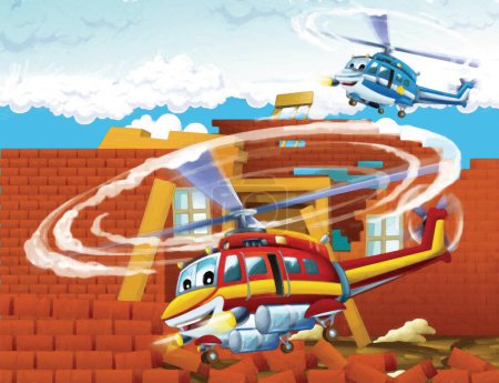 Photo for Cartoon happy scene with plane helicopter flying in the city - illustration for children artistic painting scene - Royalty Free Image