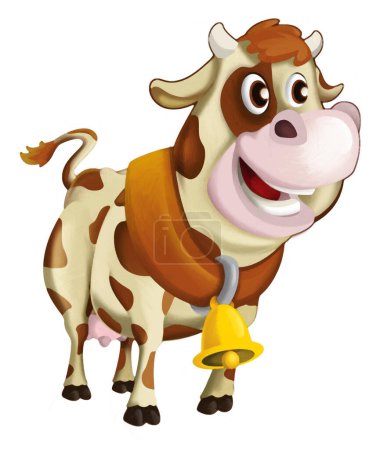 Téléchargez les photos : Dessin animé scène heureuse avec vache taureau est à la recherche et illustration souriante pour les enfants scène de peinture artistique - en image libre de droit