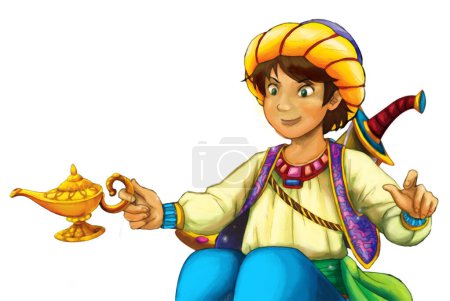 Téléchargez les photos : Scène de dessin animé avec chevalier arabe ou prince avec épée sur fond blanc - illustration pour enfants - en image libre de droit