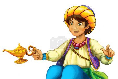 Téléchargez les photos : Scène de dessin animé avec chevalier arabe ou prince sur fond blanc - illustration pour enfants - en image libre de droit