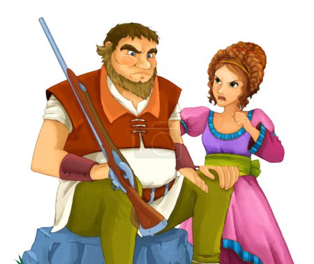 Photo for Cartoon fairy tale scene with hunter or soldier talking with beautiful princess - illustration for different children stories - Royalty Free Image