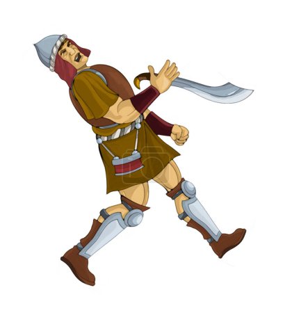 Foto de Escena artística de dibujos animados con romano o griego antiguo personaje guerrero o gladiador sobre fondo blanco - ilustración para niños pintando - Imagen libre de derechos