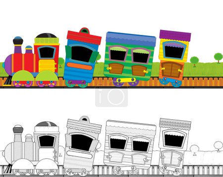 Foto de Tren de vapor de aspecto divertido de dibujos animados que pasa por el prado sin nadie en el escenario con fondo blanco para el texto - ilustración para los niños - Imagen libre de derechos