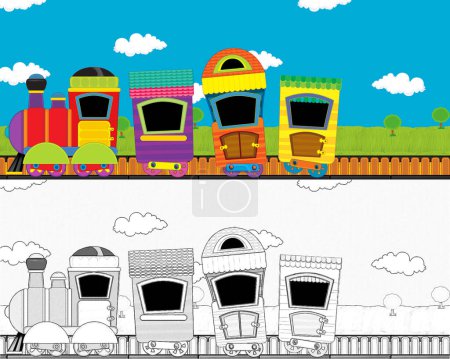 Téléchargez les photos : Dessin animé drôle train à vapeur regardant à travers la prairie avec personne sur la scène illustration pour les enfants - en image libre de droit