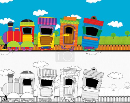 Foto de Dibujo animado divertido tren de vapor que va a través del prado sin nadie en el escenario - ilustración para los niños - Imagen libre de derechos