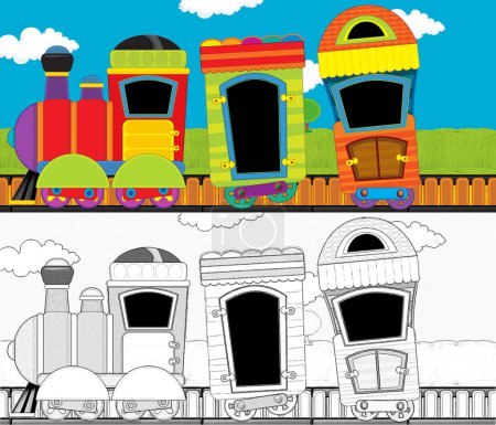 Foto de Tren de vapor de aspecto divertido de dibujos animados que pasa por el prado - ilustración para niños - Imagen libre de derechos