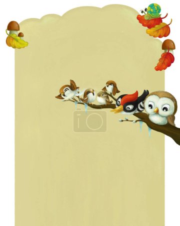Photo for Cartoon page frame autumn or winter scene with animals birds with space for text illustration for children - Royalty Free Image