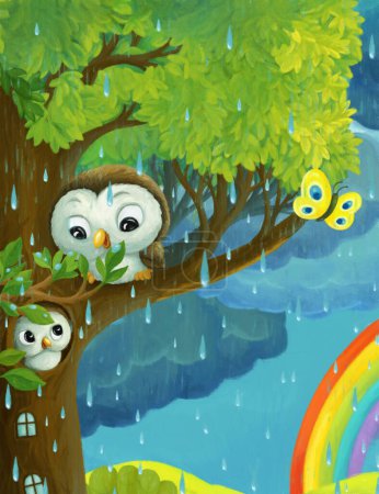 Téléchargez les photos : Dessin animé scène pluvieuse avec des hiboux papillons et illustration arc-en-ciel pour les enfants - en image libre de droit