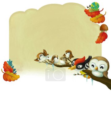 Photo for Cartoon page frame autumn or winter scene with animals birds with space for text illustration for children - Royalty Free Image
