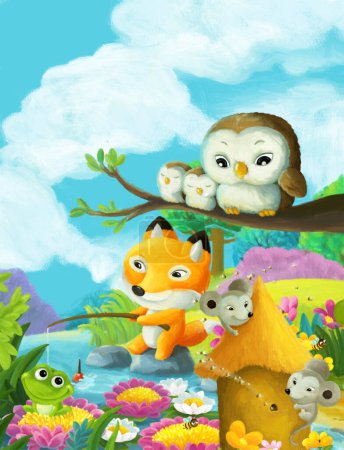 Téléchargez les photos : Scène de dessin animé avec des amis animaux de la forêt s'amuser illustration de pêche pour les enfants - en image libre de droit