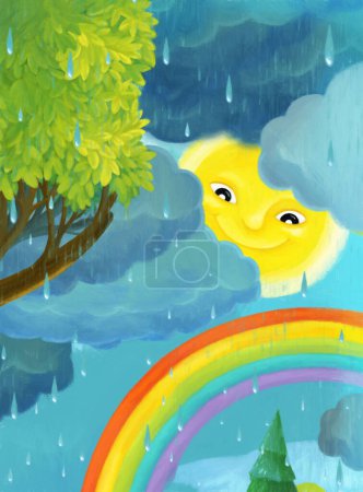Téléchargez les photos : Dessin animé scène pluvieuse avec des papillons et illustration arc-en-ciel pour les enfants - en image libre de droit