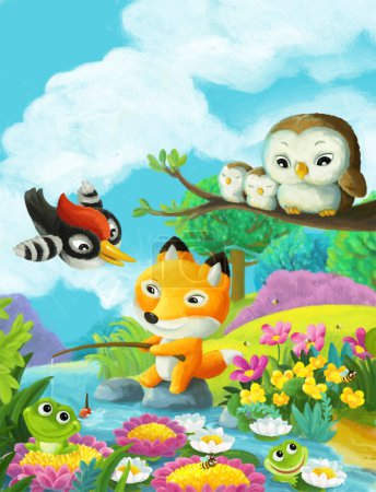 Téléchargez les photos : Scène de dessin animé avec des amis animaux de la forêt s'amuser illustration de pêche pour les enfants - en image libre de droit