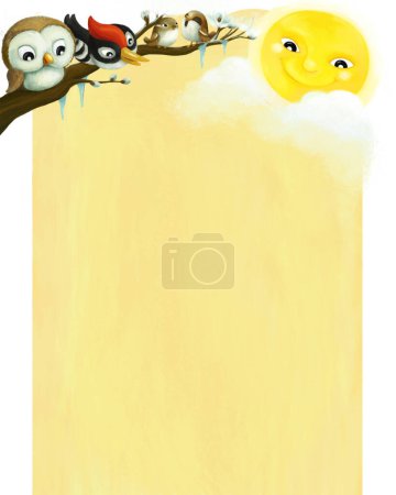 Foto de Dibujo animado marco de la página escena de verano con animales pájaros con espacio para ilustración de texto para niños - Imagen libre de derechos