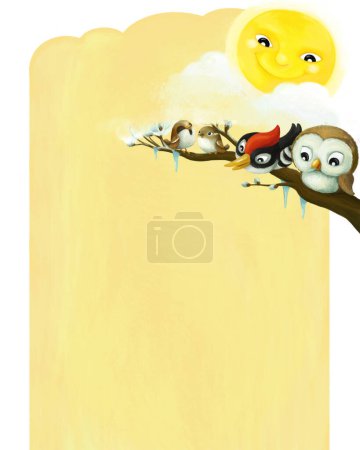 Téléchargez les photos : Page de dessin animé cadre scène d'été avec des animaux oiseaux avec espace pour l'illustration de texte pour les enfants - en image libre de droit