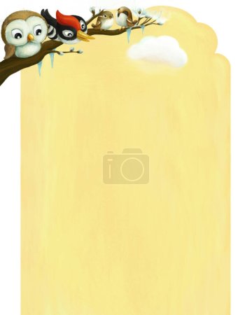 Téléchargez les photos : Page de dessin animé cadre scène d'été avec des animaux oiseaux avec espace pour l'illustration de texte pour les enfants - en image libre de droit
