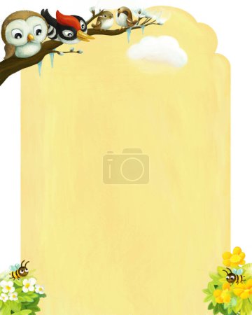 Foto de Dibujo animado marco de la página escena de verano con animales pájaros con espacio para ilustración de texto para niños - Imagen libre de derechos