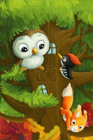 Téléchargez les photos : Scène de dessin animé avec des animaux vivant sur un arbre avec des pics hibou et écureuils illustration pour les enfants - en image libre de droit