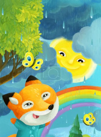 Téléchargez les photos : Dessin animé scène pluvieuse avec des hiboux papillons renard et arc-en-ciel illustration pour enfants - en image libre de droit