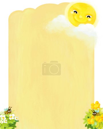 Téléchargez les photos : Page de dessin animé cadre scène d'été avec animaux insectes abeilles illustration pour enfants - en image libre de droit