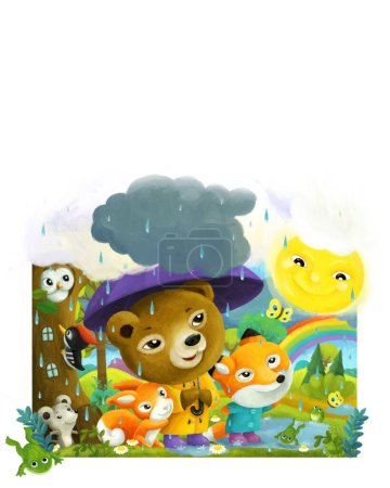 Téléchargez les photos : Joyeuse scène de dessin animé avec des amis animaux de la forêt marchant sous la pluie dans la forêt illustration pour les enfants - en image libre de droit