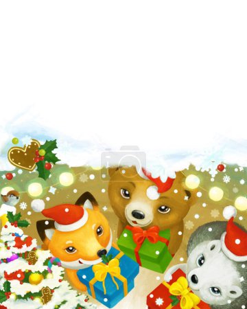 Téléchargez les photos : Joyeux dessin animé scène de Noël avec des animaux de la forêt près de l'arbre avec illustration cadeaux pour les enfants - en image libre de droit