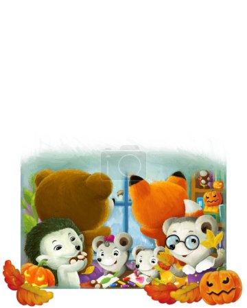 Téléchargez les photos : Scène de dessin animé joyeux avec des animaux heureux à la maternelle avec illustration de citrouille halloween pour les enfants - en image libre de droit