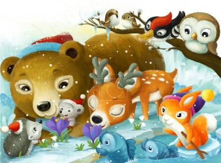 Téléchargez les photos : Joyeux dessin animé scène avec des amis animaux de la forêt près de l'eau gelée illustration pour les enfants - en image libre de droit