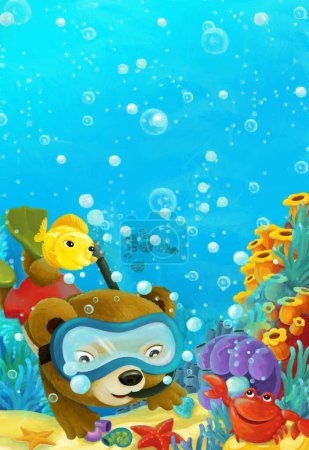 Téléchargez les photos : Dessin animé scène océan avec récif corallien et animaux de la forêt plongée - illustration pour les enfants - en image libre de droit