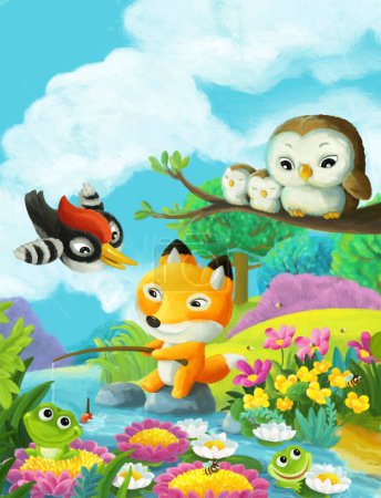 Foto de Escena de dibujos animados con diferentes animales del bosque amigos divertirse juntos ilustración de la pesca para los niños - Imagen libre de derechos