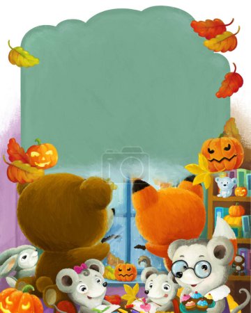 Téléchargez les photos : Scène de dessin animé avec des animaux heureux à la maternelle avec illustration de citrouille d'Halloween pour enfants - en image libre de droit