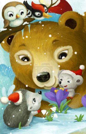 Foto de Escena de dibujos animados con amigos animales de Navidad en el bosque ilustración para niños - Imagen libre de derechos