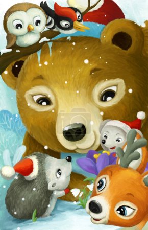 cartoon scene with christmas animal friends in the forest illustration for children