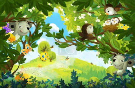 Téléchargez les photos : Joyeux dessin animé scène forêt animal souris illustration pour enfants - en image libre de droit