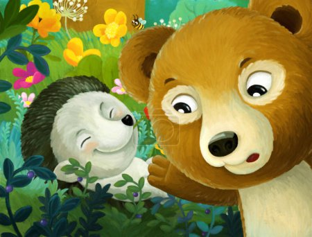 Téléchargez les photos : Joyeux dessin animé scène forêt animal hérisson et ours illustration pour les enfants - en image libre de droit