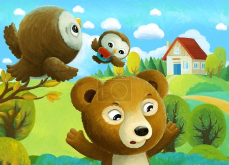 Photo for Cheerful cartoon scene forest animals kids and bear going to village school illustration for children - Royalty Free Image