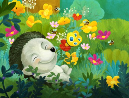 Téléchargez les photos : Joyeux dessin animé scène forêt animal hérisson illustration pour les enfants - en image libre de droit