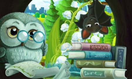 Téléchargez les photos : Scène de dessin animé avec chouette sage dans sa cabane dans les arbres apprenant à lire des livres près de la ville - illustration pour enfants - en image libre de droit