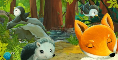 Téléchargez les photos : Scène de dessin animé avec animal amical dans la forêt - illustration pour les enfants - en image libre de droit