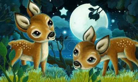 Photo for Cartoon scene with different animals in the forest by night illustration - Royalty Free Image